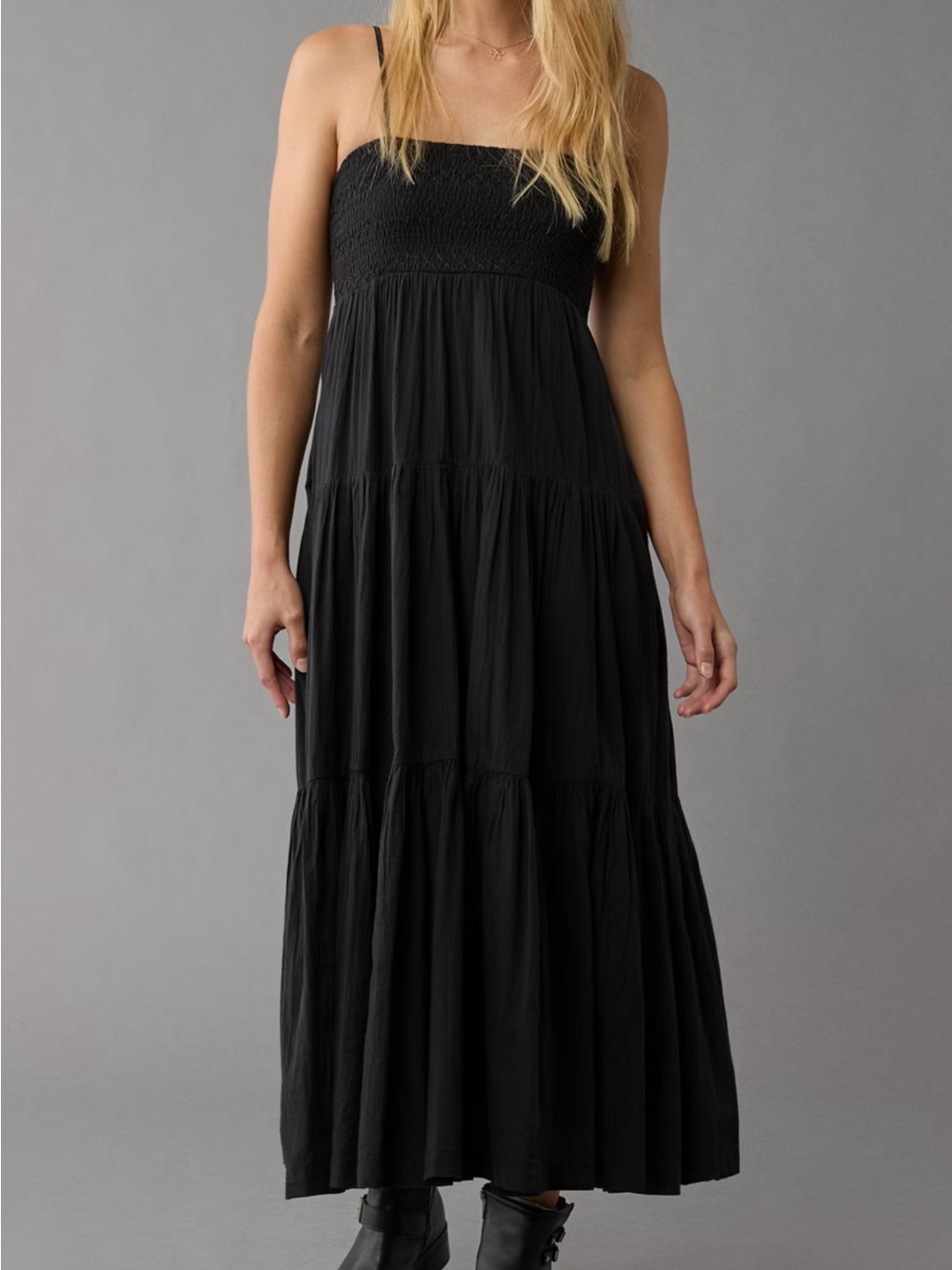 American Eagle Black Smocked Tiered Babydoll Midi Sun Dress Boho Beachy Sz M